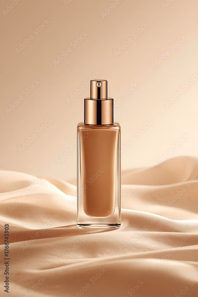 Naklejka premium Foundation Bottle with Pump on Satin Fabric Beige Background Luxury Cosmetic Product Display for Beauty Branding and Makeup Advertising