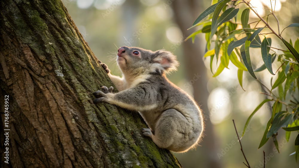 Obraz premium An adorable marsupial—such as a koala or sugar glider—clings tightly to the rough, textured bark of a eucalyptus tree trunk