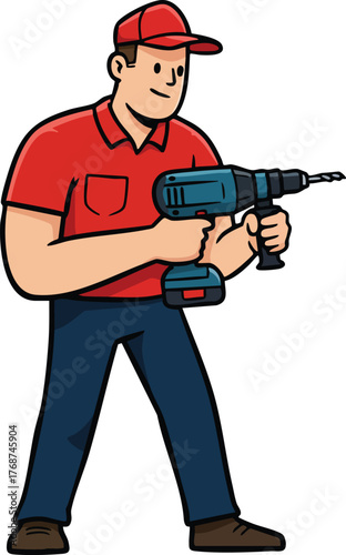 Construction worker holding power drill in red shirt and cap ready for drilling tasks vector illustration 