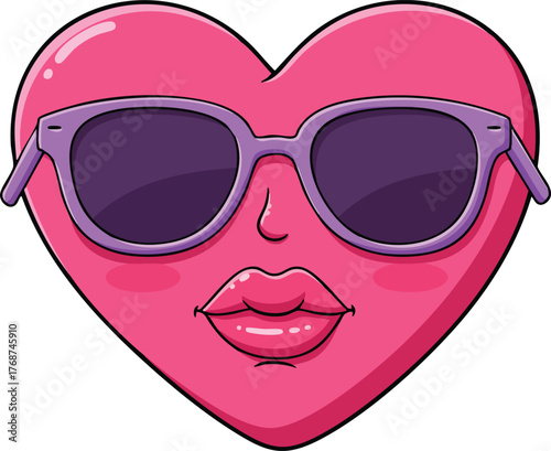 Heart with purple sunglasses and glossy lips cool cartoon icon vector illustration 