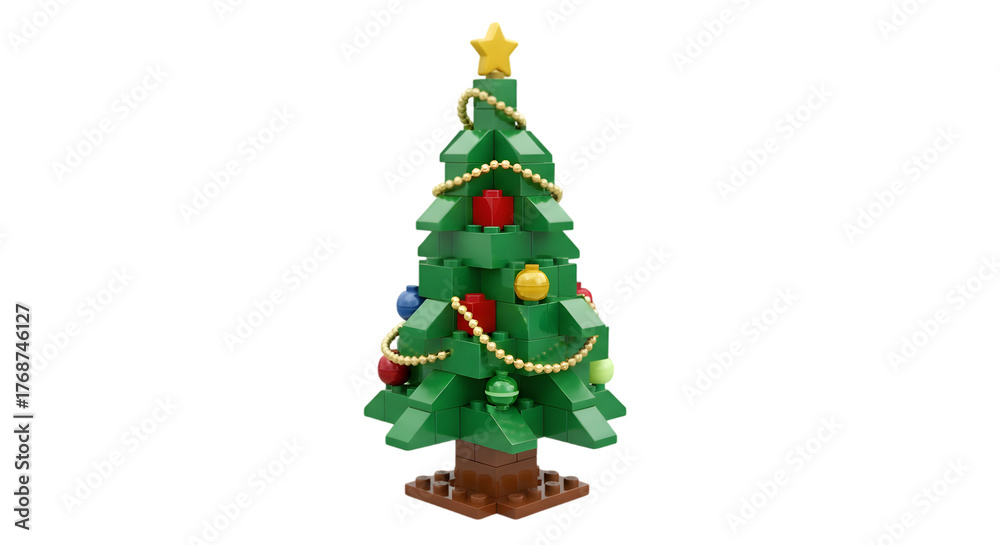 Fototapeta premium A festive green christmas tree made of bricks, adorned with colorful ornaments and a golden star, isolated on transparent background