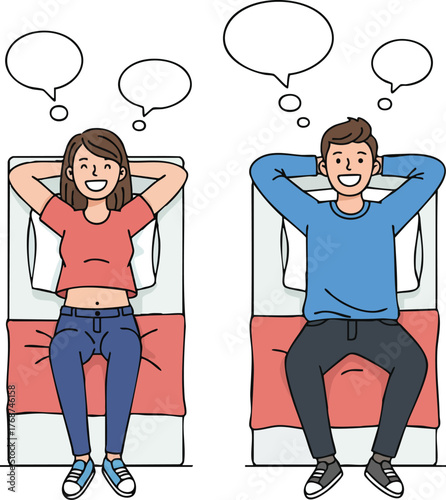 Young man and woman relaxing on bed with empty thought bubbles above heads vector illustration 