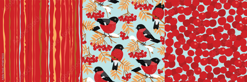 Fototapeta premium Set of seamless patterns with bullfinches, red berries, and vertical jagged stripes. Cartoon objects in red, blue, yellow, brown and grey colors. Print on fabric and paper. Vector endless wallpaper.