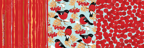 Set of seamless patterns with bullfinches, red berries, and vertical jagged stripes. Cartoon objects in red, blue, yellow, brown and grey colors. Print on fabric and paper. Vector endless wallpaper.