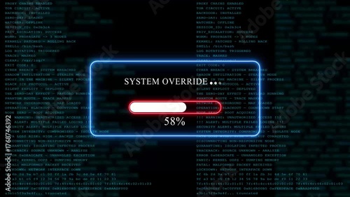 cyan glowing progress bar shows 100% percent of system override on a background of computer code programming