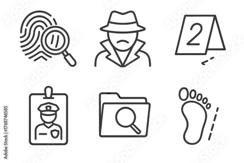 Detective and investigation icons: fingerprint, detective, calendar, badge, folder, footprint