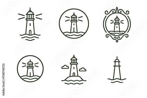 Minimalist lighthouse icons collection — nautical symbols for design and decoration
