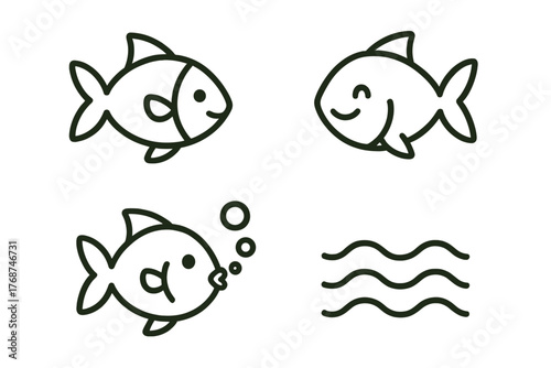 Simple line art of smiling fish and waves