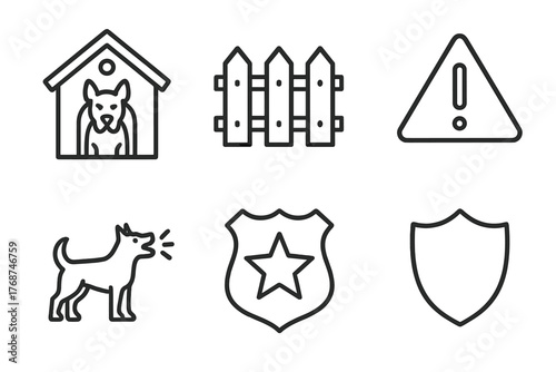 Dog safety icons: kennel, fence, caution, barking, security badge, shield