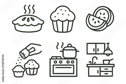 Baking and kitchen icons: pie, cupcake, watermelon, baking, cooking, kitchen setup
