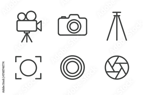 Minimalistic icon set of camera, tripod, film camera, and shutter designs