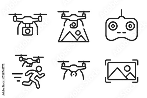 Drone icons set: aerial photography, remote control, and motion illustrations