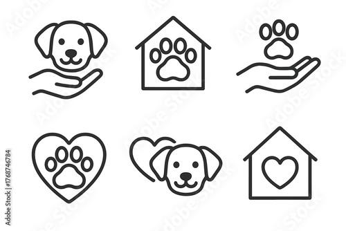 Set of pet care icons featuring dog and paw symbols