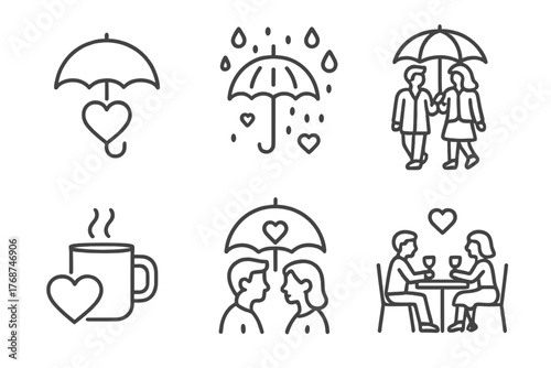 Romantic umbrella and love icon set with coffee and couples