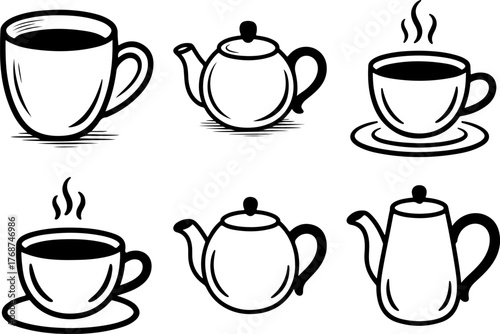 Black and white tea cup and teapot pattern background design