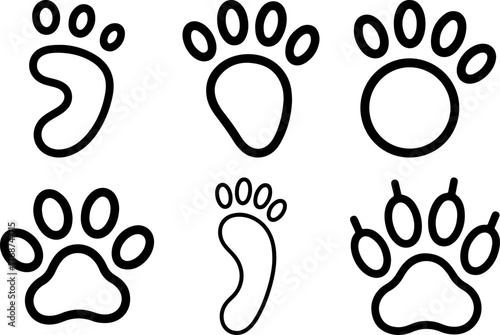 Collection of various stylized animal paw prints in black and white