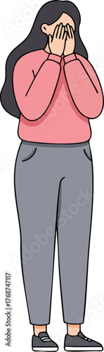 Young woman covering face with hands feeling shy or embarrassed vector illustration in casual outfit