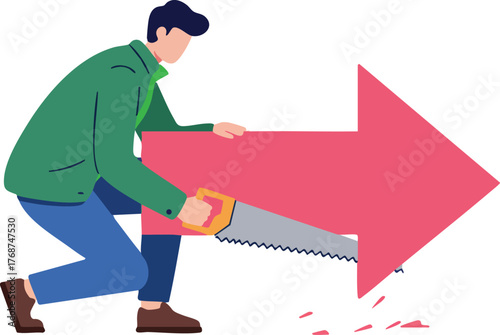 Man sawing large red arrow symbolizing direction and progress in business strategy concept vector illustration 