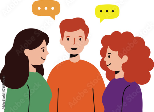 Group of people socializing with speech bubbles in casual colorful clothing vector illustration 