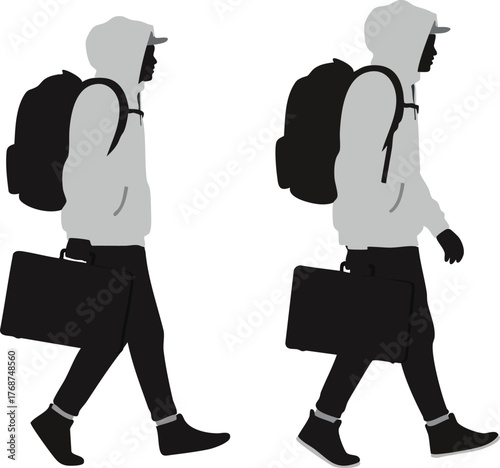 Two walking men with backpacks and briefcases in hoodie casual urban style vector illustration