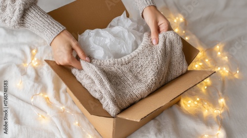Hands reveal eco-friendly cardboard package with a knitted sweater wrapped in tissue, surrounded by glowing fairy lights