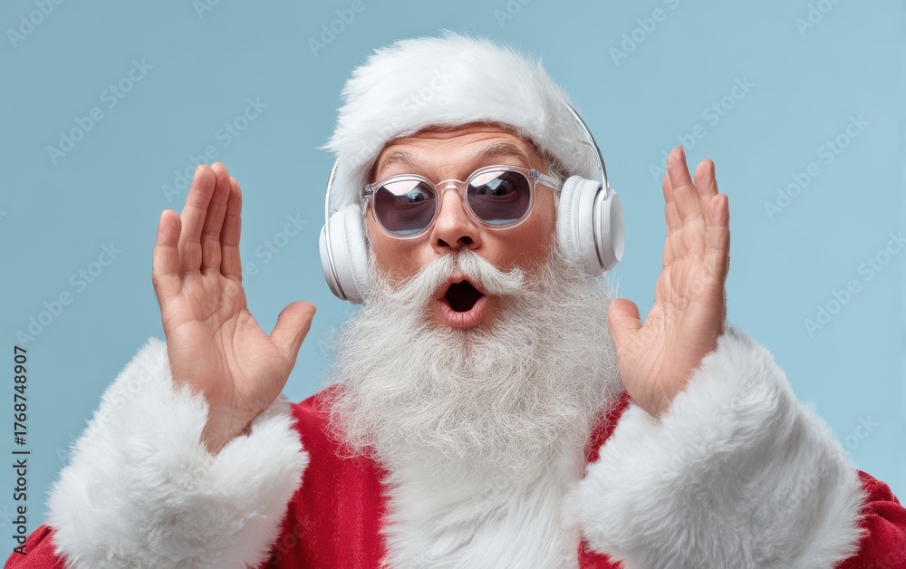 Obraz premium Santa Claus dances with surprise wearing stylish sunglasses and headphones against a blue backdrop in a festive celebration moment
