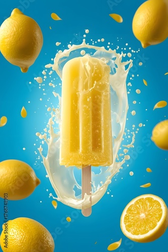 Lemon popsicle with juice splash and fresh lemons summer refreshing ice cream fruity dessert vibrant background citrus snack concept