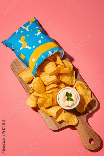 Potato chips with dip on wooden board colorful package snack food crunchy texture salty treat pink background party appetizer concept
