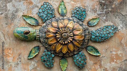 Colorful turtle wall art featuring a sunflower design displayed on a textured wall in a sunny outdoor setting