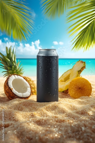 Black drink can on tropical beach with coconut pineapple jackfruit refreshing summer beverage concept exotic fruits vacation background branding