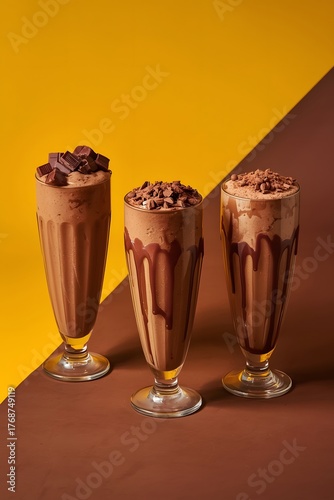 Chocolate milkshakes in tall glasses with toppings creamy dessert drink sweet beverage brown yellow background delicious treat presentation concept