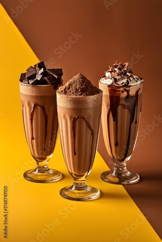 Delicious chocolate milkshakes in tall glasses with toppings dessert drink sweet food creamy beverage brown yellow background refreshing treat