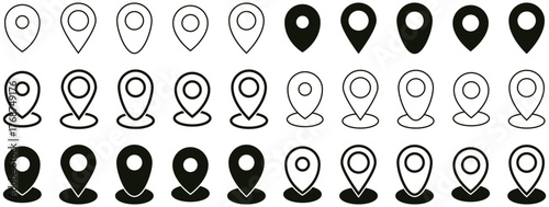 Collection, set of location icon, map pin icons in outline and solid styles. Black map markers, pointers set for navigation, GPS apps, web maps, travel guides