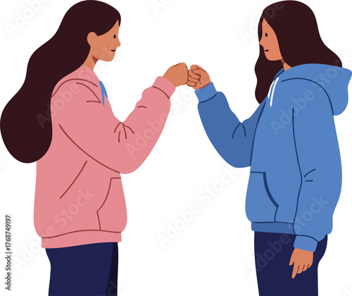 Two women friends fist bumping in casual hoodies showing friendship and connection in simple vector illustration 
