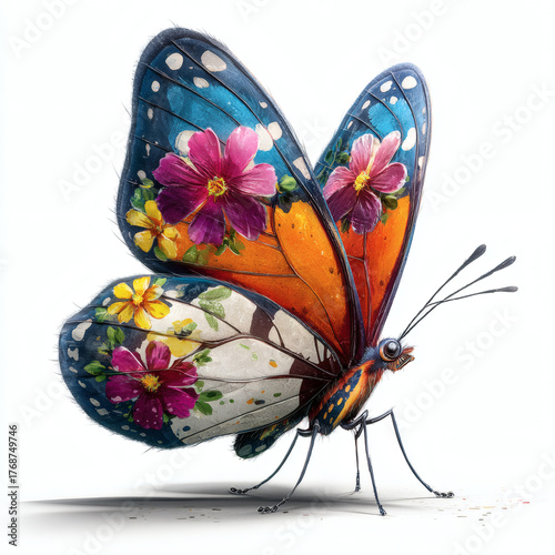 Butterfly on flower white background.