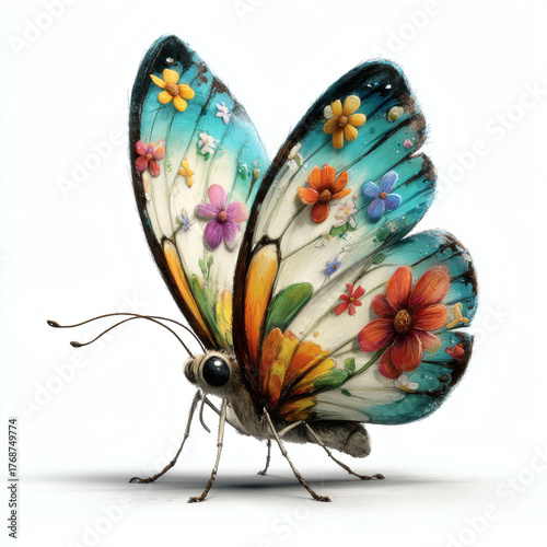 Butterfly on flower white background.