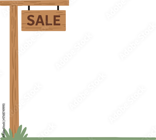 Wooden sale signpost with grass and horizontal beam for advertising real estate or products vector illustration 