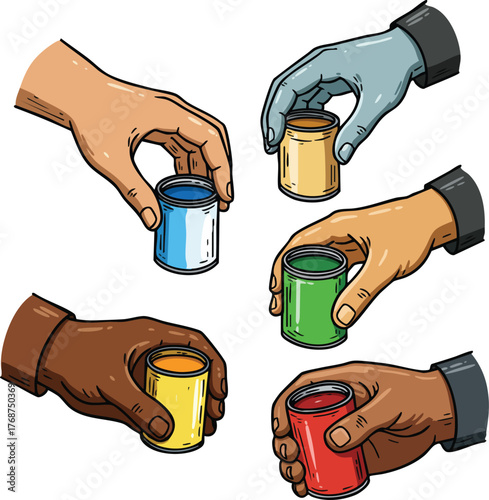 Diverse hands holding small paint jars in multiple colors vector illustration for creativity and art concepts 