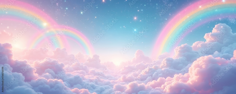 Naklejka premium Soft pastel clouds drift under a bright sky with double rainbows and twinkling stars. Dreamy, ethereal, magical sky scene creates a whimsical atmosphere perfect for fantasy themes and children.
