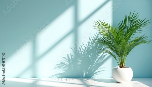 Green palm plant stands in white pot. Bright sunlight casts strong geometric shadows, distinct leaf patterns on light blue wall, white floor. Minimalist tropical decor creates calm scene, simple