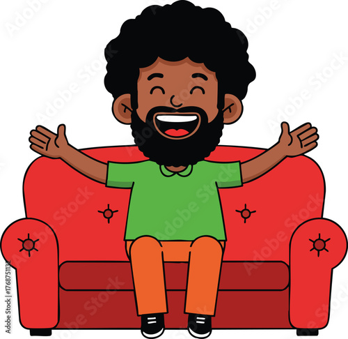 Happy man with beard sitting on red sofa with open arms cheerful expression vector illustration 