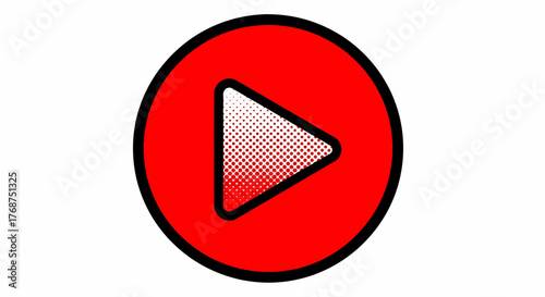 A bold play button vector illustration with a pop art and comic style halftone effect, a colorful icon or social media logo