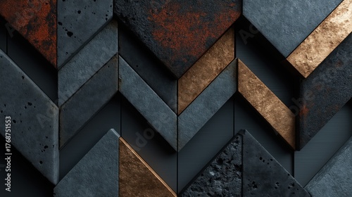 異なる質感のコンクリートと金属が織りなすシェブロンパターンのモダンな壁面テクスチャ | Modern wall texture background featuring a chevron pattern of concrete and oxidized metallic materials