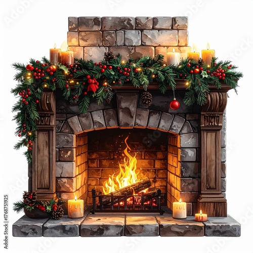Christmas Fireplace with Stone Mantel Garland Berries Candles and Warm Glowing Fire