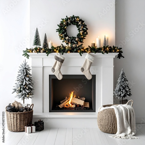 Festive Fireplace Mantel with Green Wreath Stockings and White Background
