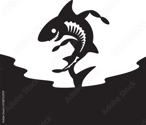 Black silhouette of a shark jumping from dark water black and white