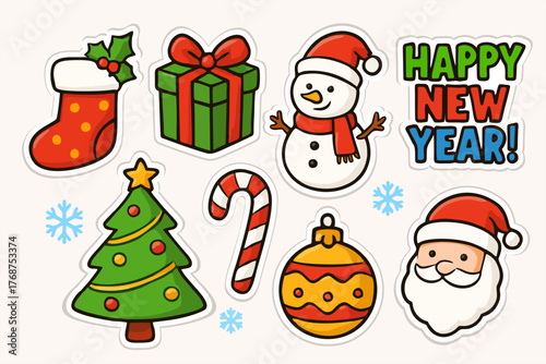 Colorful New Year sticker set with Santa, snowman, Christmas tree, gifts, candy cane, ornament, stocking, and 'Happy New Year!' text.