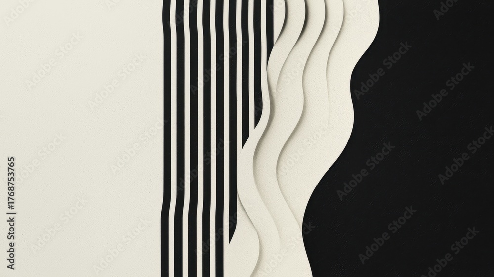 Naklejka premium Black and white abstract design with wavy patterns and vertical lines creating visual depth and contrast