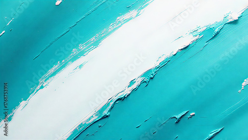 A close-up of a turquoise and white painted brush stroke background, creating a textured and abstract pattern.