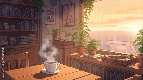 Cozy Anime Room with Coffee, Rain, and Vinyl Record Player